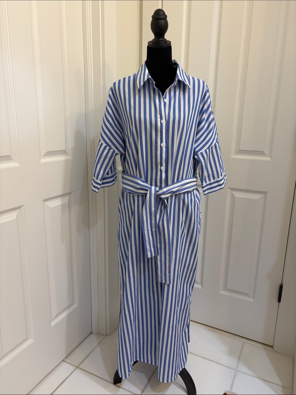 Blue & White Striped Maxi Shirt Dress with Tie Waist Size M
